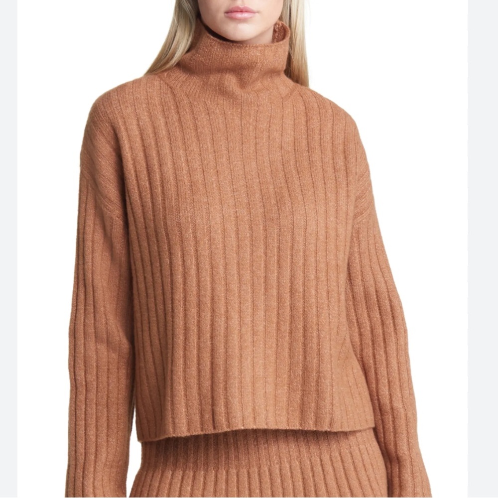 Open Edit Tan Cowl Neck Ribbed Sweater